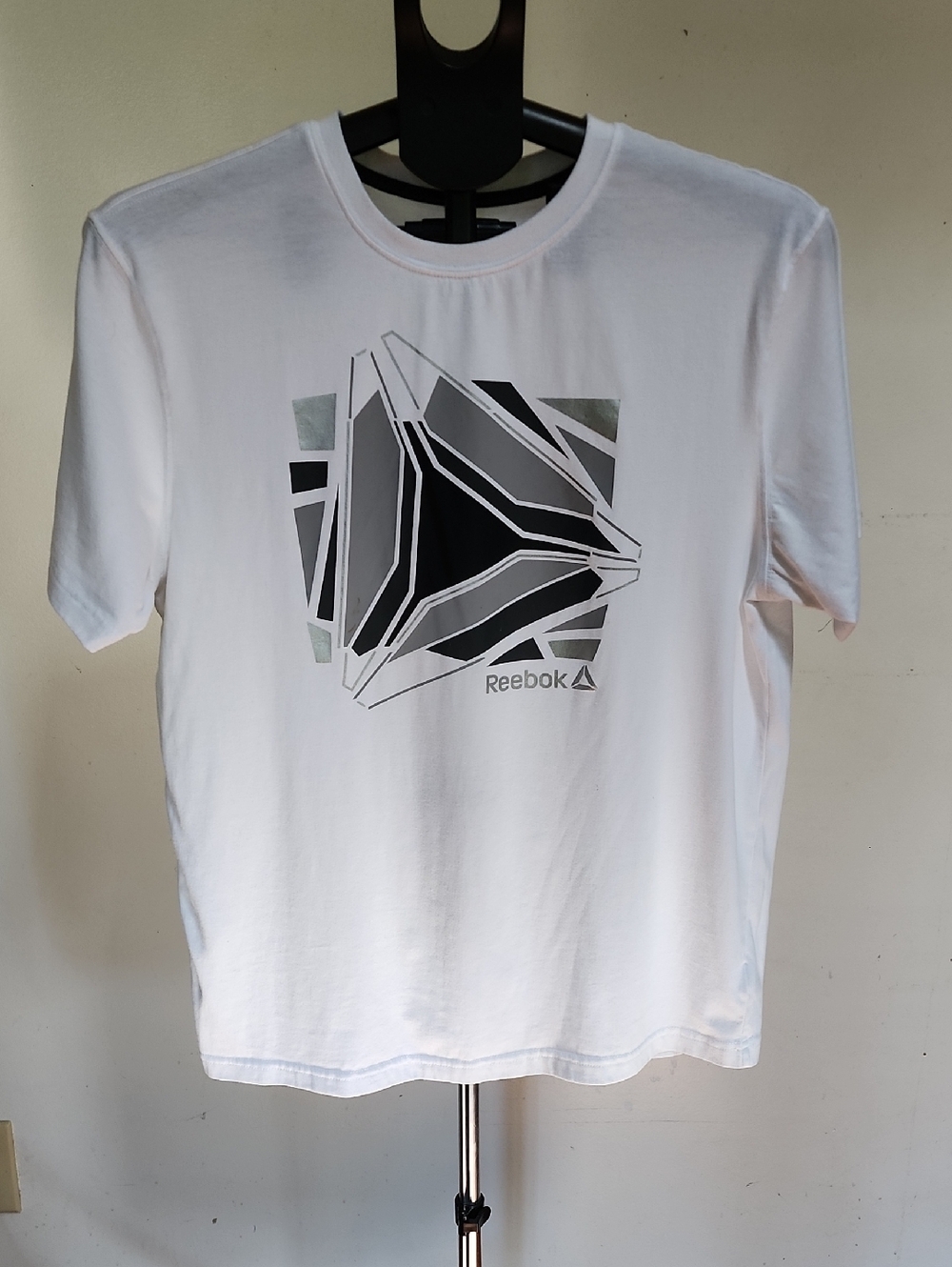 Men's Reebok White Short Sleeve Tee with Gray & Black Geometric Graphic